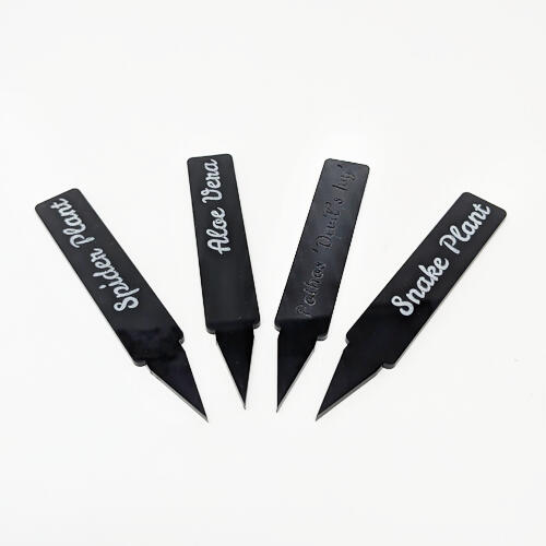 Engraved acrylic plant name stakes with and without paint